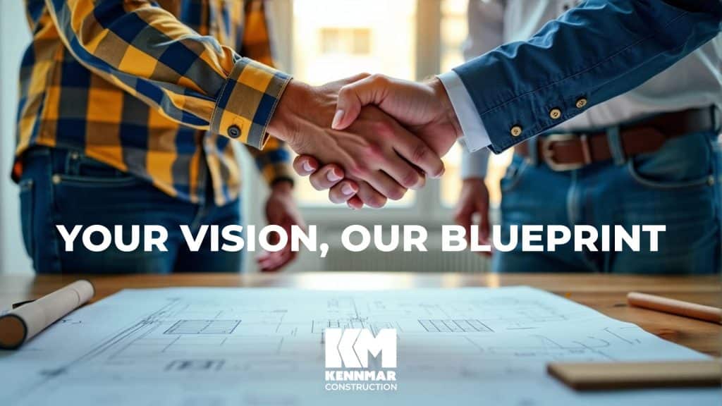 a business owner shaking hands with an architect leaning over a table with blueprints for a buildout