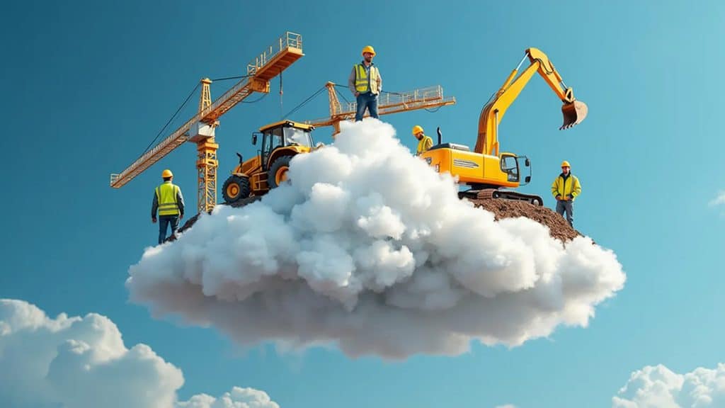 construction workers and construction equipment sitting on a cloud surrounded by clear sky