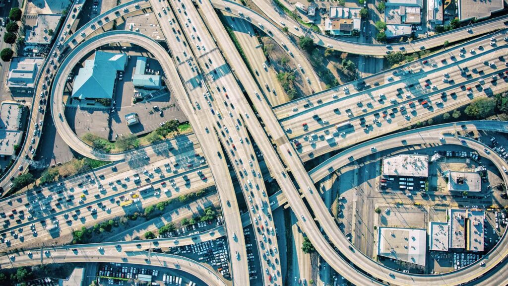 aerial shot of highway infrastructure traffic study